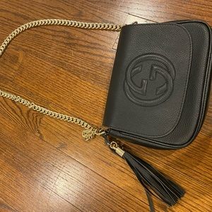 Black leather gold chain handbag purse with tassel